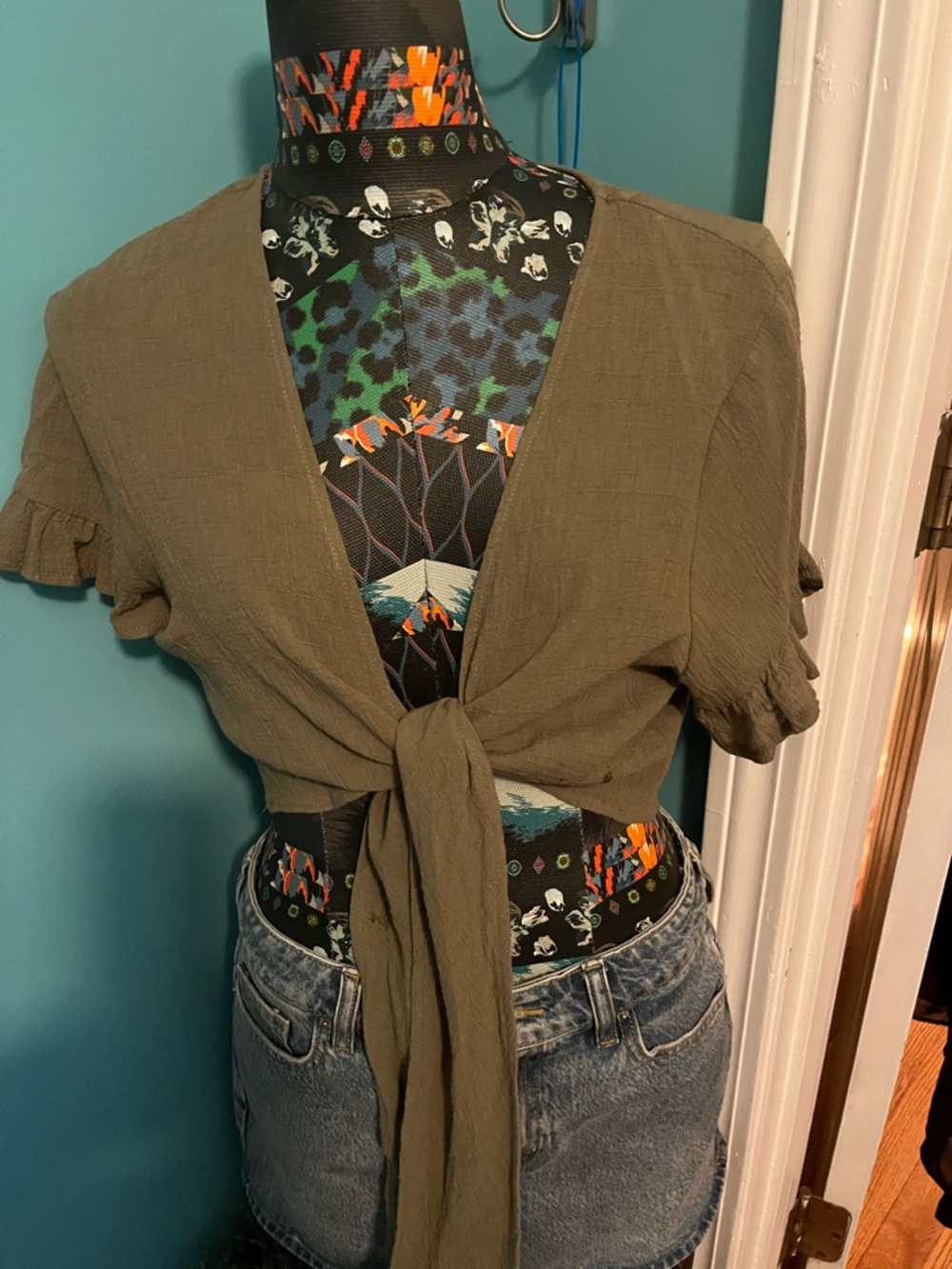 Princess Polly Olive Tie-Front Crop Top with Ruffle Sleeves